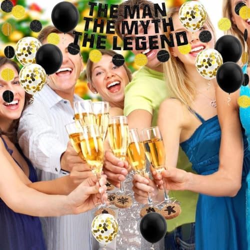 The Man The Myth The Legend Banner Birthday Party Decoration Photobooth For Farewell Retirement Father's Day Hanging Garland Kit Bunting - 10pcs Balloons Adult Black Gold Glitter - Image 7