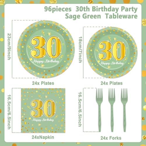 96Pcs Green Gold 30th Birthday Party Plates and Napkins for Women Men Sage Green 30 Year Old Birthday Party Supplies Themed Paper Dessert Plates Tableware Set for 24 Guests Party Decorations - Image 2