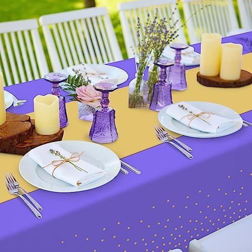 8Pack Disposable Plastic Tablecloths and Satin Table Runner Set Purple and Gold Dot Tablecloth Gold Satin Table Runner for Wedding Birthday Baby Shower Anniversary Christmas New Year Party Supplies - Image 4