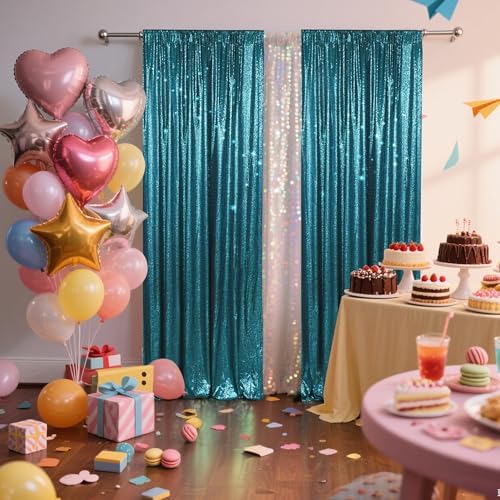 PartyDelight Teal Sequin Backdrop Curtains 2x8ft 2 Panels - Image 6