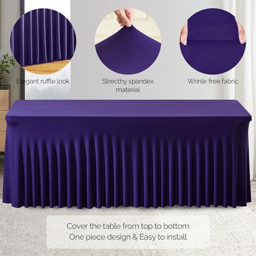 Wish Care 2 Pack Dark Purple Spandex Table Clothes for 6 Foot Rectangle Tables, 6FT Wrinkle Free Fitted Tablecloths Ruffles Design Table Cover for Party, Banquet, Wedding and Events - Image 2