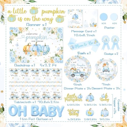 249pcs Little Pumpkin Baby Shower Decorations for Boy,A Sweet Little Pumpkin is On the Way Baby Shower,Blue Pumpkin Floral Balloons Plates Boxes Tablecloth for Fall Thanksgiving Autumn Party Decor - Image 4