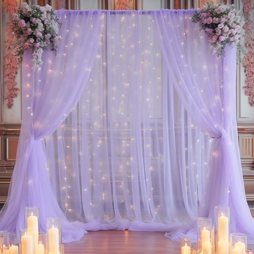 20x10ft Purple Tulle Backdrop Curtain with Lights String for Parites, Sheer Backdrop Curtains for Wedding Baby Shower Birthday Party Photo Shoot Decorations by Partisky