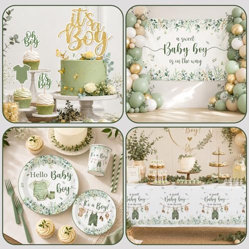 Baby Boy Shower Decorations,267pcs Baby Shower Decorations Green Plates and Napkins Cups Banner Backdrop Tablecloth Cake Topper Balloon for Sweet Baby Boy Baby Shower Decorations - Image 5