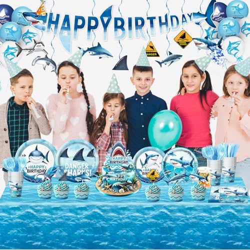 LINHAXM 157 PCS Shark Birthday Party Decorations Includes Plates, Napkins, Cups, Cutlery, Cake Toppers, Banner, Hanging Swirls, Tablecloth, Balloon for Under The Sea Party Decorations - Image 7