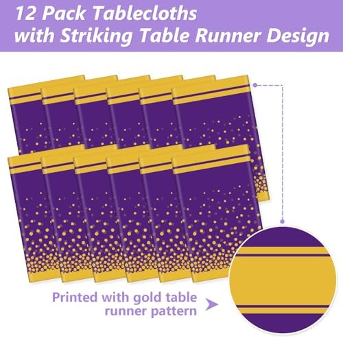 LANLISA Purple and Gold Tablecloth Graduation Decorations 2025 12 Pack, Disposable Plastic Table Cloths for Birthday Masquerade Retirement Party Decor - Image 4