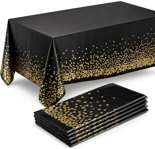 Prestee 4 Pack Gold and Black Table Cloth Rectangle Table Covers 54 x 108 Inches - Plastic Table Cloth Disposable for Parties, Dining and Events - Black Tablecloths for Weddings and Celebrations by Prestee