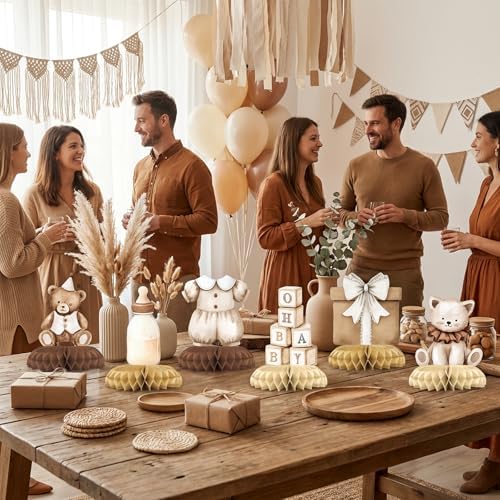 12 Pcs Neutral Baby Shower Decorations - Vintage Boho Baby Shower Centerpieces for Tables - Neutral Honeycomb Table Decor with Baby Essentials Teddy Bear Elephant for Baby Shower 1st Birthday - Image 6