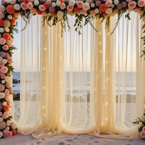 20 FT x 8 FT Champagne Backdrop Curtain - Tulle Backdrop Curtain with 9.8FT Lights String - Sheer Backdrop Curtains with 4 Inch Rod Pockets for Birthday Weddings Baby Shower Party Decorations - Image 6
