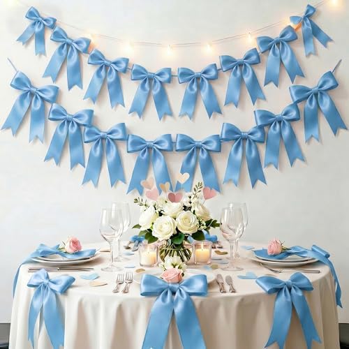 2 Strings Blue Bow Garland Banner, Pre-Strung Ribbon Bows Decorations for Birthday Party, Baby Girl Shower, Bridal Shower, Bachelorette Party, Girls Room, Wedding Decor, Christmas Tree Decorations - Image 5