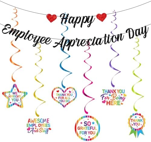 Black Glittery Happy Employee Appreciation Day Banner and Staff Appreciation Hanging Swirl Decorations Thank You Employee Garland Banner Employee Appreciation Day Party Decorations Supplies by JKQ