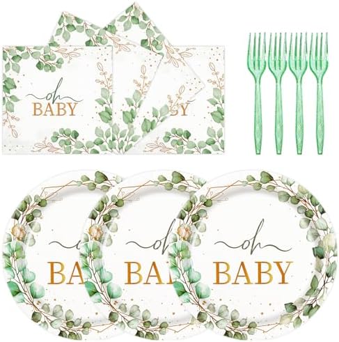 72pcs Oh Baby Eucalyptus Paper Plates and Napkins Set, 7inch Sage Greenery Baby Shower Party Plate Decorations Disposable Green Leaf Party Supplies for Boys or Girls Gender Reveal Birthday Baby Shower by Unknown