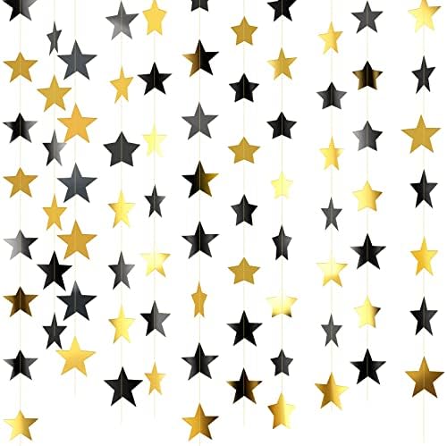 Glitter Star Garland Banner Decoration, 130 Feet Bright Gold Star Hanging Bunting Banner Backdrop for Engagement Wedding Baby Shower Birthday Christmas Party Decor (Black, Gold) by Patelai