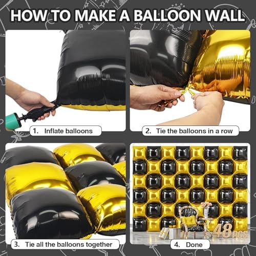 NISOCY 48PCS Black and Metallic Gold Square Foil Balloons Wall Backdrop - Image 4
