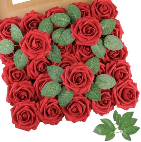 AmyHomie Red Rose 50pcs Real Looking Artificial Flowers w/Stem by AmyHomie
