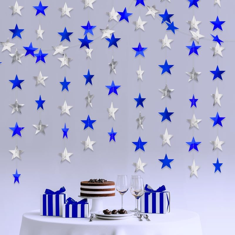 Blue Silver Shining Star Hanging Garland Blue Silver Hanging Sparkling Star Streamer Bunting Banner Twinkle Backdrop for Wedding Baby Shower Birthday Christmas Decorations 40 Feet by Eeatour