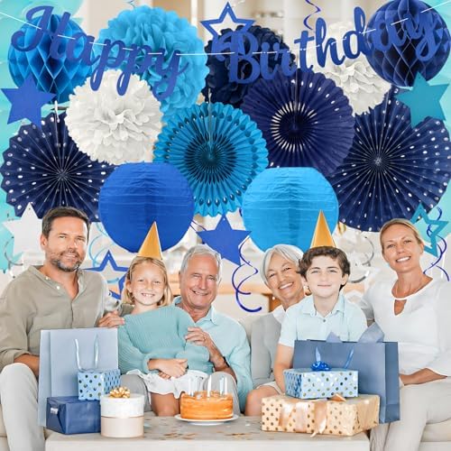 Navy Blue Birthday Party-Decorations - 29pcs Blue Party Decorations for Men Boys, Happy Birthday Banner Paper Streamers Lanterns Tissue Pom Poms - ZERODECO - Image 6