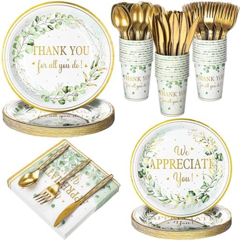 Yungyan 252 Pcs Sage Green Thank You Party Tableware Set Thank You for All You Do We Appreciate You Plates Napkins Cups Cutlery for Employee Teacher Graduation Appreciation Party 36 Guests by Yungyan