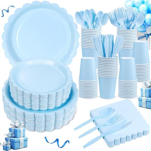 LIYH 350Pcs Light Blue Scalloped Party Plates Set for Boy Baby Shower by LIYHLoveinyourheart