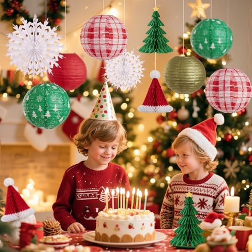 Christmas Hanging Decorations, 12 PCS Paper Lanterns, Honeycomb Christmas Trees, Hanging Paper Fans, Red Green Gold White Holiday Party Supplies for Home Xmas Holiday Party - Image 6