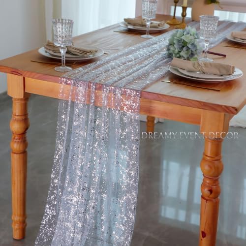 Snowkingdom 3PCS Light Blue Silver Gauze Table Runner 10ft 120 inch Glitter Sheer Cheesecloth Tulle Home Dining Table Decoration for Bridal Baby Shower Summer Wedding Birthday Holidays Party - Image 4
