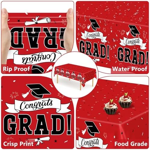 2 PCS Graduation Tablecloth, 108" X 54" Red Graduation Table Decorations 2026, Disposable Plastic Tablecover for Grad Decor Party Supplies, Rectangle Table Cover for Class 2026 Congrats Grad for Kids - Image 3