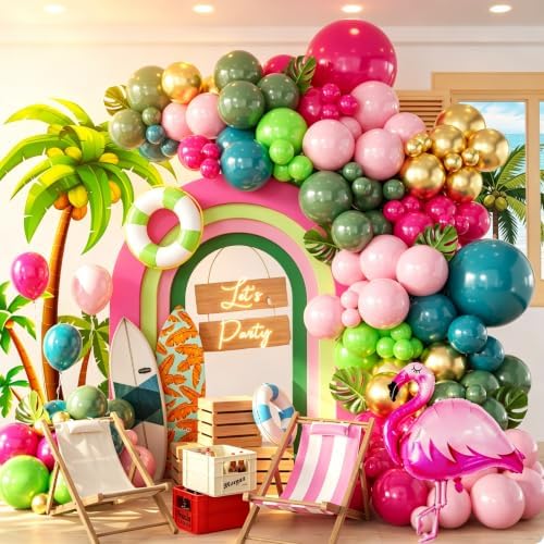 146Pcs Tropical Flamingo Balloon Arch Garland Kit, Hot Pink Dark Green Light Pink Lake Blue Gold with Flamingo Foil Balloons for Hawaiian Luau Aloha Summer Beach Birthday Party Decorations by Woaipati