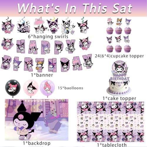 For kuromi Party Supplies, 49 PCS Birthday Decorations Set Include Banner, Balloons,, Hanging Swirls, Cake Cupcake Toppers, Tablecloth for Boys Girls Cat Theme Party - Image 3