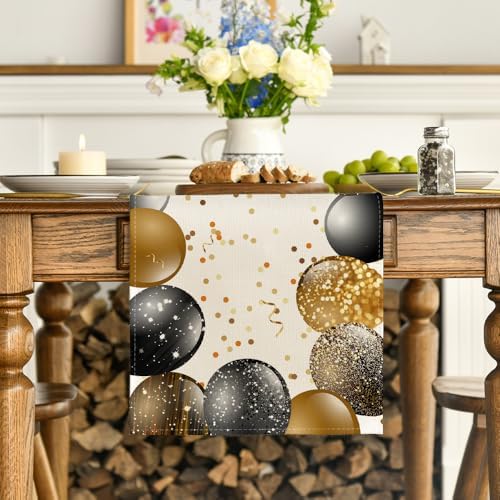 Artoid Mode Beige and Golden Balloon Happy Birthday Table Runner, Seasonal Kitchen Dining Table Decoration for Home Party Decor 13x72 Inch - Image 2