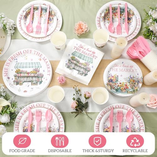 Yungyan 252 Pcs She Is Fresh off the Market Bridal Shower Party Tableware Set Included Plates Napkins Cups Forks Knives Cutlery for Party Decorations Supplies 36 guests - Image 4