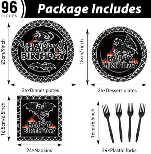 96Pcs Dragon Birthday Party Decorations Black Dragon Party Tableware Dinnerware Disposable Paper Dessert Cake Plates Napkins Forks Bulk Dragon Themed Party Supplies Fantasy Baby Shower Favors 24 Guest - Image 2