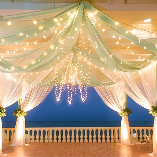 Sage Green Ceiling Drapes with Lights String for Weddings, 6 Panels 5ftx30ft Sheer Tulle Backdrop Photo Background Drapes for Wedding Ceremony Birthday Party Arch Decoration - Image 5