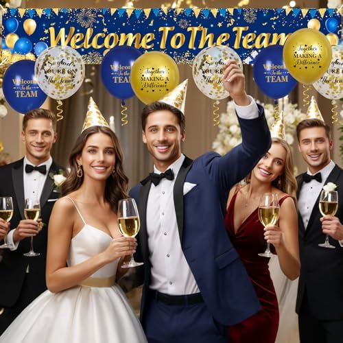 Blue Gold Welcome Team Banner Sign with 18 Balloons for Office Party Decor - Image 4