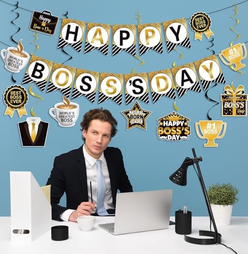 Happy Boss's Day Banner International Boss Day Paper Bunting Banner Boss's Day Best Boss Ever #1 Boss Party Banner for Office Wall Mantel Fireplace Party Hanging Decorations Supplies - Image 4