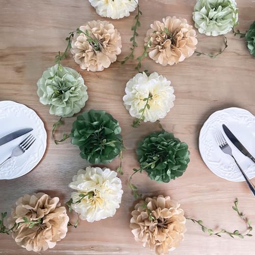 Sage Green Beige Party Decorations Tissue Paper Flowers Pom Pom with Leaf Ribbon Hanging Garland Streamer for Neutral Birthday Wedding Bachelorette Safari Jungle Woodland Party Supplies - Image 4