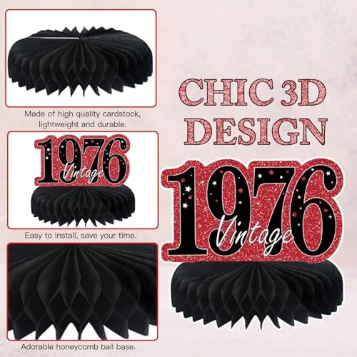 9Pcs 50th Birthday Decorations Red and Black 50th Birthday Party Decorations for Women,Happy 50 Years Vintage 1976 Aged Honeycomb Centerpieces Table Sign Decor Supplies - Image 3