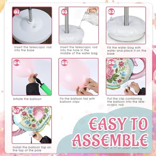 2 Sets Tea Party Balloon Column Stand Kit with Let's Partea Backdrop & 100 Balloons Adjustable Balloon Tower Stand with Bases for Girls Birthday Baby Bridal Shower Garden Party Decor Supplies - Image 4