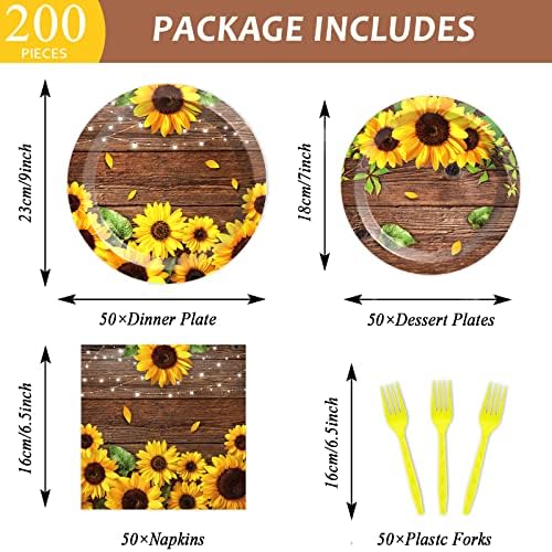 200PCS Sunflower Paper Plates and Napkins Sunflower Birthday Party Decoration Hoedown Party Decorations Supplies with Wood Land Background Bridal Baby Shower Tableware Brown Country Rustic Style - Image 2