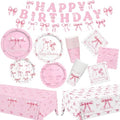 Pink Bow Happy Birthday Decorations Set for 24: Bachelorette Party Supplies Kit with Dinner & Dessert Plates, Napkins, Cups, Banner, Tablecloth - for Women's Tea Birthday Party Decorations by Gatherfun