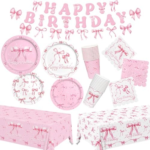 Pink Bow Happy Birthday Decorations Set for 24: Bachelorette Party Supplies Kit with Dinner & Dessert Plates, Napkins, Cups, Banner, Tablecloth - for Women's Tea Birthday Party Decorations by Gatherfun