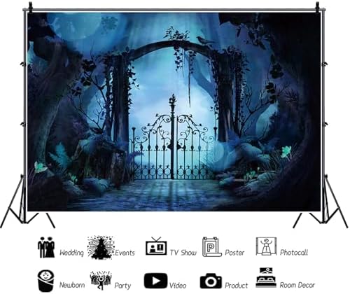 Mystical Forest Backdrop for Halloween Eve Party Dark Blue Moonlight Enchanted Woods Iron Gate Spooky Tree Foggy Night Photography Background Photo Booth Studio Props 9x6ft - Image 6