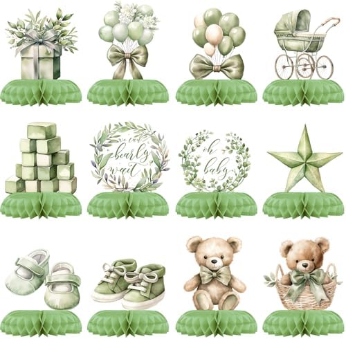 12 Pcs Sage Green Teddy Bear Baby Shower Decorations - We Can Bearly Wait Baby Shower Decorations - Neutral Bear Balloon Centerpieces for Tables - Sage Green Honeycomb Table Decor for Baby Shower by Unknown