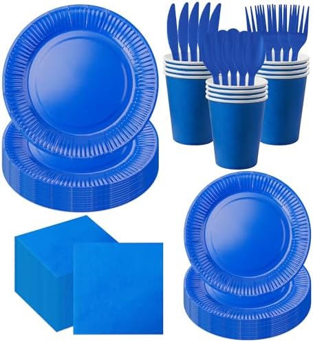 210pcs Blue Plates And Napkins Party Supplies -Plastic Silverware, Paper Cups And Plates.Napkinsdisposable Party Cutlery Set Serves 30 by Sveikie