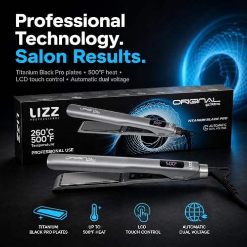 Lizz Professional Original Extreme Hair Straightener, Titanium Black Pro Plates, LCD Display, 500°F, Anti-Frizz, Dual Voltage - Image 3