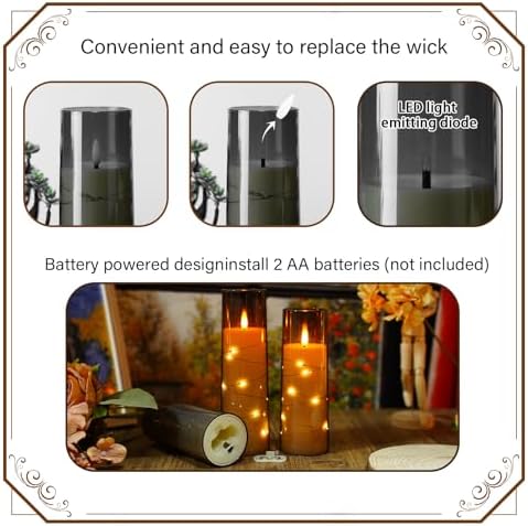 Nimiko Flickering Flameless LED Candles, 9 Pcs with Embedded Star String, Acrylic LED Pillar Candles with Remote, Suitable for Home Decoration (Grey) - Image 2