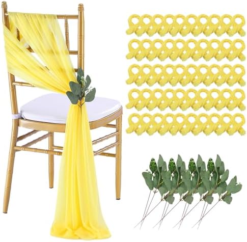 Yellow Chair Sashes Wedding Aisle Decorations: 50 Packs 8ft Long Draping Fabric Sheer Church Chair Cover Bulk for Party Banquet by QueenDream