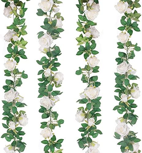 TELDRASSIL 4Pcs(26 FT) Artificial Rose Vine Fake Flower Garland Fake Silk Rose Hanging Vine for Wedding Party Background Arch Garden Background Decoration (White) by Teldrassil