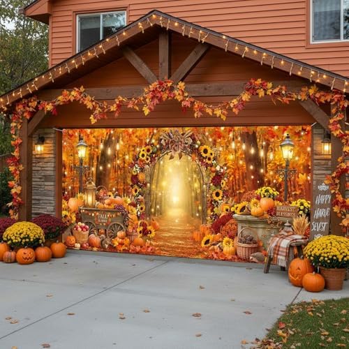 Fall Garage Door Cover 16x7ft 2 Car Pumpkin Sunflower Arch Autumn Decor - Image 7
