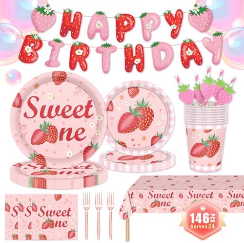 146Pcs Strawberry Plates and Napkins strawberry Party Supplies Includes Plates, Napkin, Fork, Cup, Straw, Tablecloth, Banner for Baby Shower Birthday Party Decorations, Serves 24 (Strawberry) by MIAOSHOUTAO