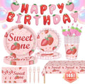 146Pcs Strawberry Plates and Napkins strawberry Party Supplies Includes Plates, Napkin, Fork, Cup, Straw, Tablecloth, Banner for Baby Shower Birthday Party Decorations, Serves 24 (Strawberry) by MIAOSHOUTAO